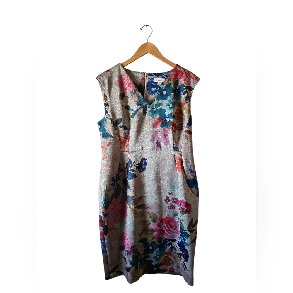 Calvin Klein Floral V-Neck Sleeveless Scuba Sheath Dress Sz 14 Gray - Picture 2 of 7